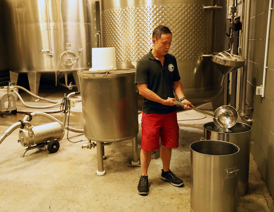 A brewer working with a long ladle beside open vessels in the cellar
